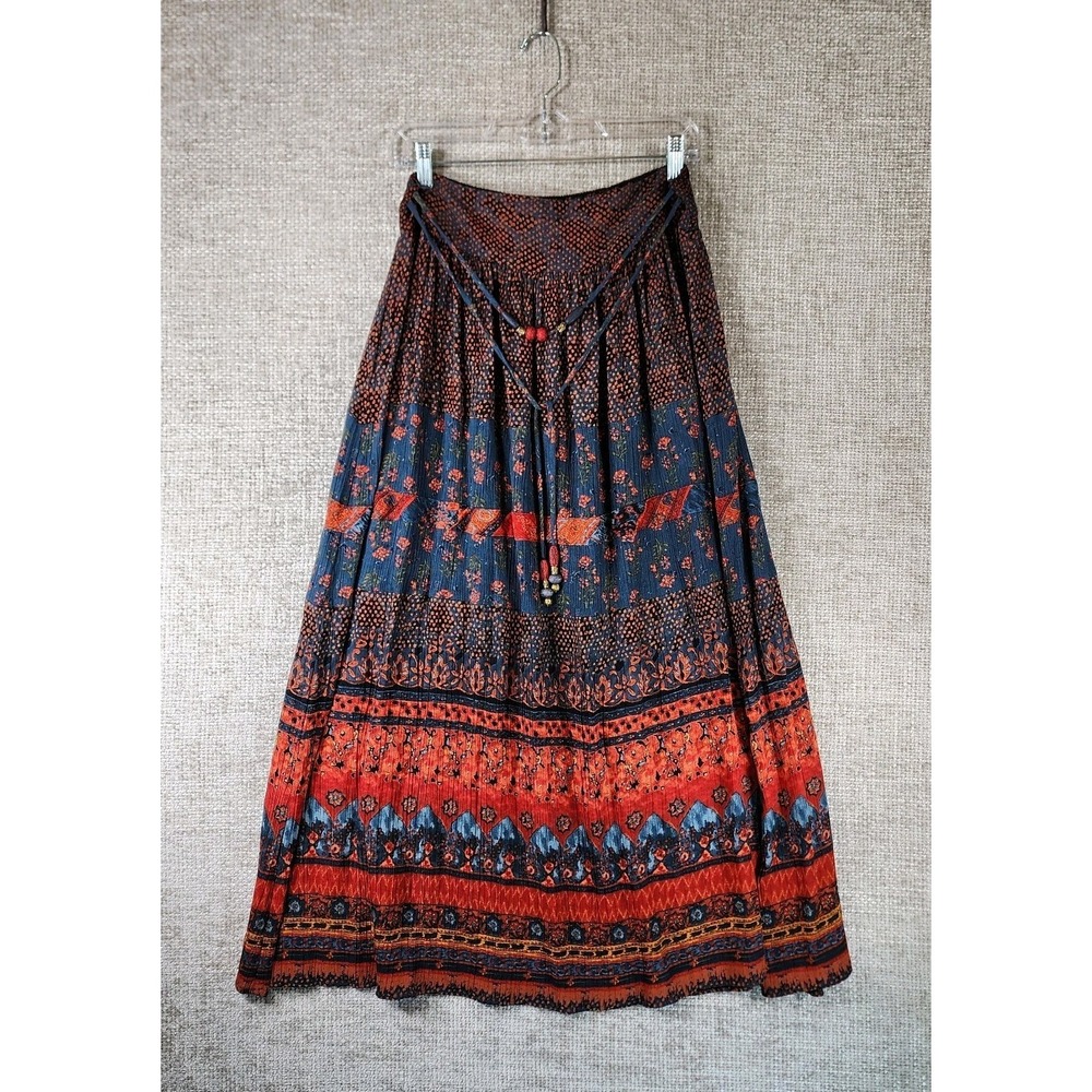 VTG Carole Little Boho Midi Skirt Womens 14 Blue Orange Print Tiered Beaded Ties